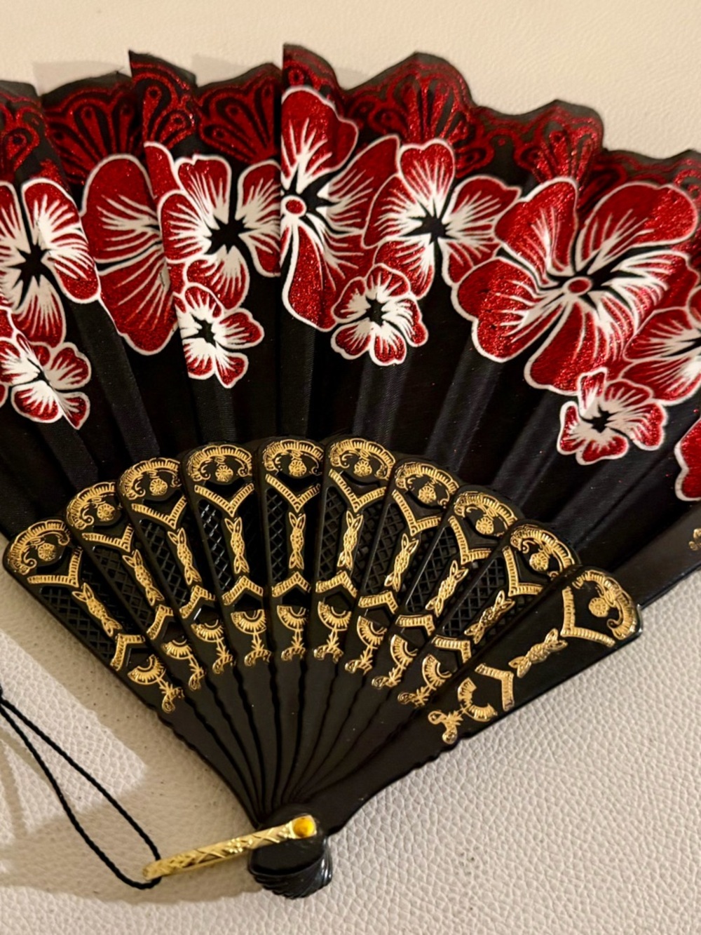 Black Red Floral Folding Hand Fan Glitter Lace Tassel Dance Festival Flamenco - Picture 7 of 16